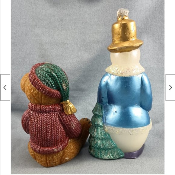 2 Shiny Christmas Wax Candle Brown Teddy Bear w/Sweater Hat Snowman Gold Top Hat - Picture 3 of 7